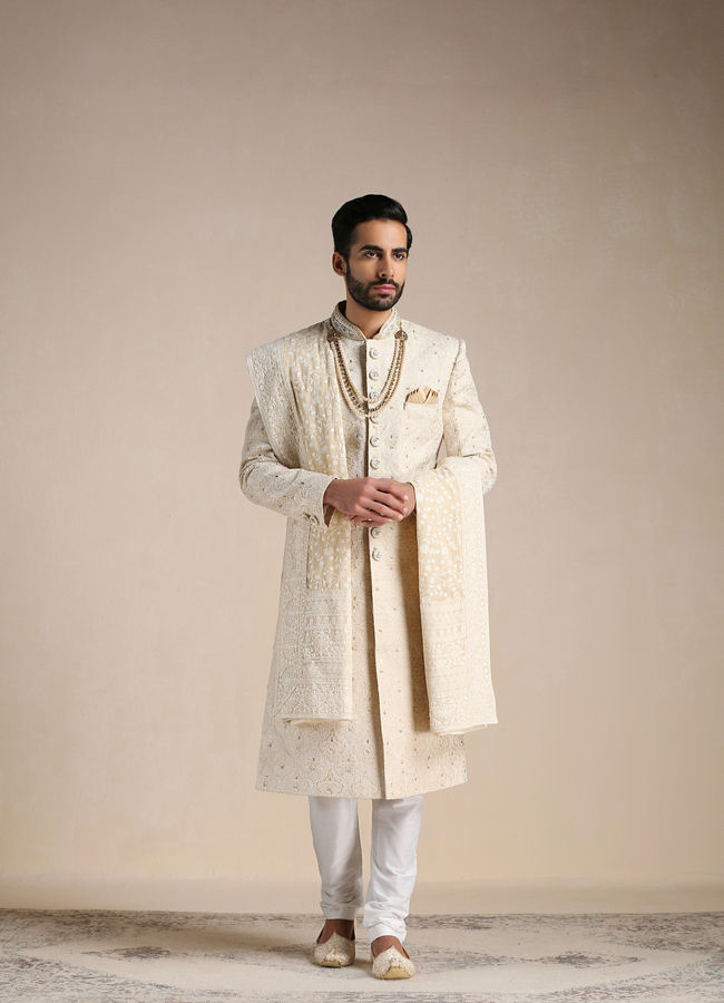 Cloud Cream Medallion Patterned Sherwani Set